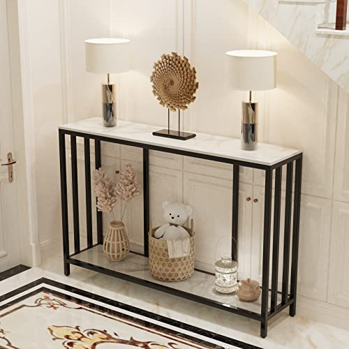 FATIVO 2 Tier Console Table Hallway Unit: Marble Top Consoles Desk 120x30x78cm Long High Gloss Sintered Stone Marbles Black Frame Frame Narrow Tall Modern Sofa Storage Side Tables Living room