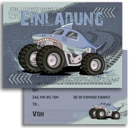 10 Kinder Einladungskarten Einladung Kindergeburtstag Hai Monster Truck Auto Jungen Kinder-Geburtstag Party Einschulung 5 6 7 8 9 10 11 12