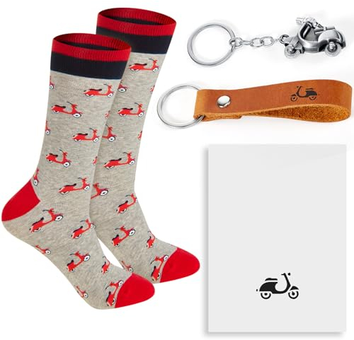 Otuuz 4 Stück Motorrad Geschenke Leder Moped Schlüsselanhänger Roller Motorroller Socken Retro Metall Scooter Grußkarte Schlüsselanhänge für Herren Damen Motorrad Liebhaber Geburtstag(Rot)