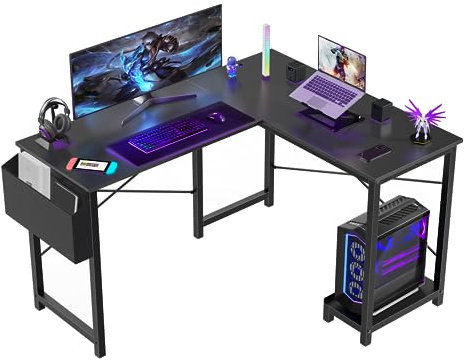 Sweetcrispy - L-Shaped PC Table Corner Gaming Table with CPU Stand, Side Bag for Home, Office, Bedroom, Writing Workstation