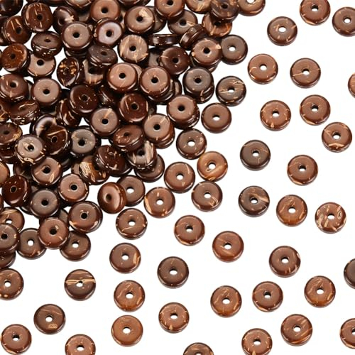 OLYCRAFT 220~222Pcs Perles en Coquille de Coco 8x3mm Perles rondes en écaille de noix de coco Perles de noix de coco rondes plates pour Bracelet Collier Bijoux Bricolage Décoration d'été