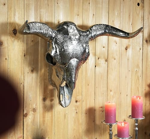 MichaelNoll Stierkopf Bulle Schädel Stier Bullenschädel Geweih Hörner Deko Dekoration - Wanddekoration Silber Aluminium Metall - Wanddeko Modern für Wohnzimmer und Schlafzimmer - XXL 75 cm