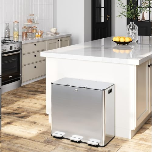 Takywep Triple Trash Can Kitchen 60 Liters - 3 * 5.3 Gallons Stainless Steel Trash and Recycle Bin Combo Garbage Bin with Separated Lid and Foot Pedal