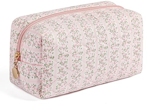 HHQQWZ Makeup Bag Travel Cosmetic Bag for Women Girls, Zipper Make Up Pouch, Floral Flowers Toiletry Organizer Makeup, Portable Storage Cosmetic Travel Cloth Bag (Pink)