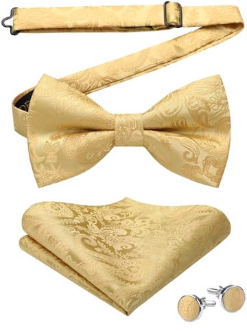 HISDERN Fliege Gold Herren Einfarbig Vorgebundene Fliegen und Einstecktuch mit Manschettenknöpfe Set Seide Fliege Anzug für Hochzeit Smoking