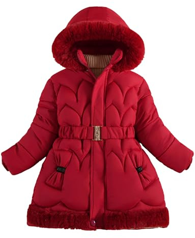 FEOYA Manteau Pour Fille Mi-Longs Chaude À Capuche Doublée Veste Enfant | Doudoune Avec Ceinture Élastique Epais Pour Fille Coupe Vent Imperméable Veste D'Hiver Enfant