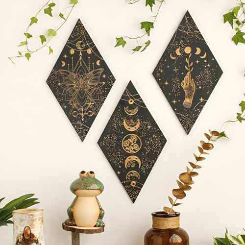 PAEFIU 3 Stücke Mondphasen Wanddeko, Holz Boho Wanddekoration, Mandala Rhombisch Deko, Wandkunst Mit Tarot-Mustern, Hand, Sonne, Mond, Sterne Wandbehang für Galerie, Wohnzimmer, Schlafzimmer
