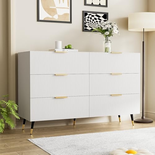 FammyLoft Sideboard Wohnzimmer mit 6 Schubladen, Elegantes Buffetschrank mit Viel Stauraum, 120x40x77cm, Modern Wohnzimmerschrank für Schlafzimmer, Büros, Flur, Weiß und Gold