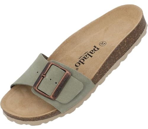 Palado Pantoletten Damen Malta EGS Velours Premium Leather - elegante Sandalen Made in Spain - Hausschuhe mit Kork-Fußbett - bequeme Sommerschuhe