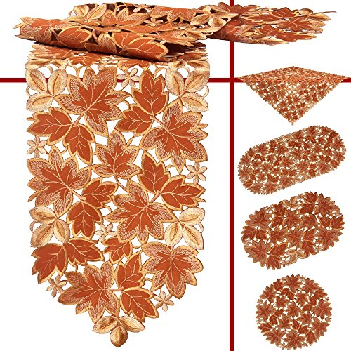 Quinnyshop Herbst Laubblätter Stickerei Tischläufer 40 x 90 cm Oval Polyester, Terrakotta