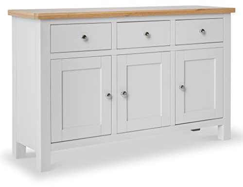 RoselandFurniture Farrow Grey Sideboard for Living Room Large Storage Cabinet with Oak Top | Fully Assembled Painted 3 Door Solid Wooden Cupboard with 3 Drawers for Hallway or Dining Room