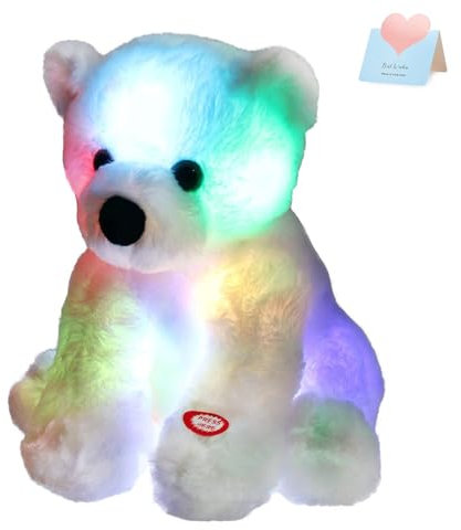 Bstaofy Veilleuse lumineuse à DEL en forme d'ours polaire en peluche douce qui brille dans le noir, cadeau pour enfants pour Noël, anniversaire, festival, 24,1 cm, blanc