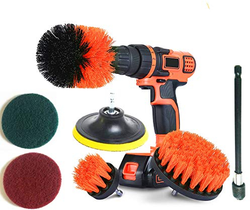 Cepillo de taladro de cerdas rígidas de alta resistencia con almohadillas de extensión y fregado de 6 pulgadas, ideal para limpiar azulejos de piscina, pisos, ladrillo, cerámica y lechada (rojo tiff)
