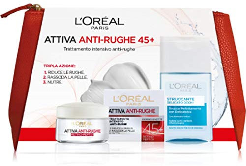 L'Oréal Paris Idea Regalo Donna Natale 2020, Pochette con Crema Viso Giorno Attiva Antirughe 45+ e Struccante Occhi