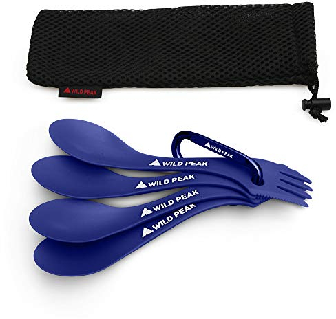 Wild Peak Contour Clip Plastic Spork - Lightweight & Strong All in one Spoon, Fork, Knife Cutlery Includes Carabiner Clip & Storage Bag ▲ (Midnight Blue, 4 Pack)
