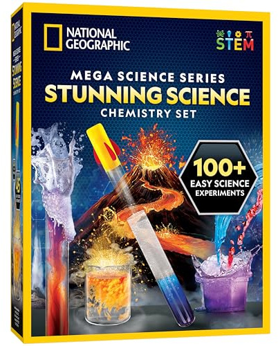 Blue Marble National Geographic Stunning Chemistry Set - Mega Science Kit with 45 Easy Experiments- Make a Volcano and Launch a Rocket, STEM Projects for Kids Ages 8-12, Science Toys