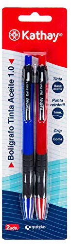 Kathay 86210498. Pack de 2 Bolígrafos Tinta Aceite, Colores Azul y Rojo, Punta 1mm, Perfectos para Oficina