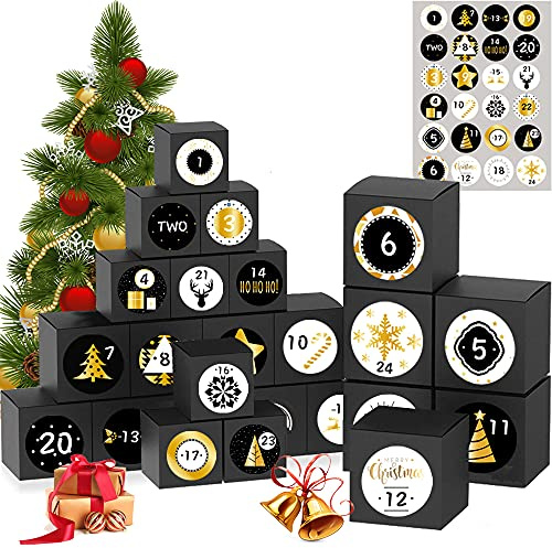 Beetop Adventskalender zum Befüllen, 24 Adventskalender Kisten Set [10st 7x7cm 8st 8x8cm 6st 9x9cm] Verschiedene Größen Mit 24 Zahlenaufklebern Geschenkbox Weihnachtskalender Für Weihnachten - Schwarz
