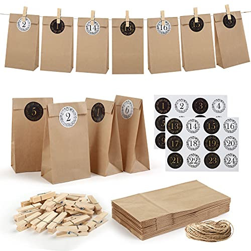 Bäcker & Lecker Adventskalender zum Befüllen Papiertüten aus Kraftpapiert zum Basteln 9 x 18 x 5.5 cm mit 24 Zahlenaufkleber und Klammern für Kinder