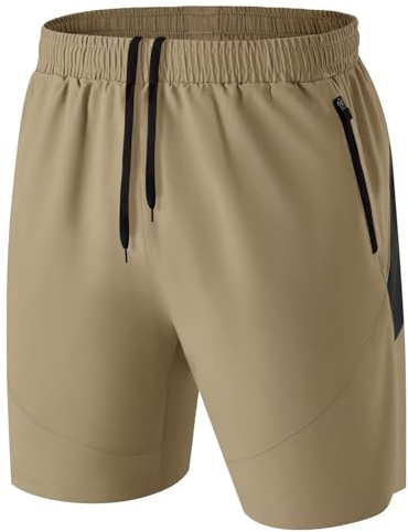 Homme Short Course à Pied Léger Sport Shorts Séchage Rapide avec Poche Zippé(Kaki,EU-M/US-S)