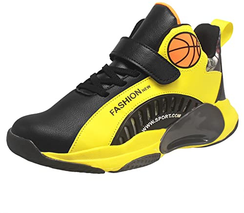 HSNA Scarpe da Basket per Bambini e Ragazzi Scarpe Sportive(Nero e Giallo, 35 EU)