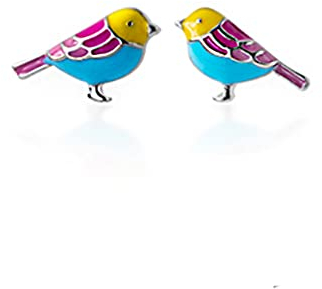 URBAN SHe° 925 Sterling Silber Emaille mehrfarbige Vogel Ohrstecker blau gelb rosa Emaille Papageienohrringe tropische Vogel Papageienohrringe