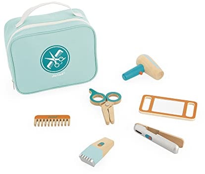 Janod - Maletín de Peluquería - Juguete de Imitación de Profesión - Incluye 6 Accesorios de Madera - Desarrolla la Imaginación - Certificado FSC - Pintura al Agua - A partir de 3 Años, J06549