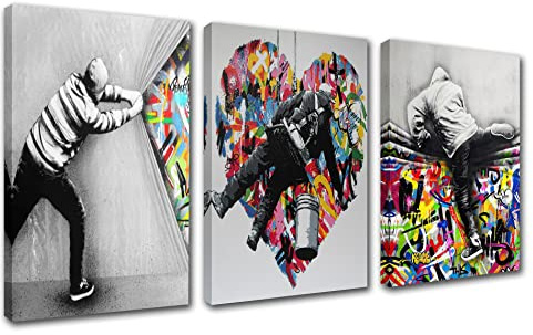 Walarky Graffiti Street Wandkunst Banksy Kunstgemälde Herzform Bilder hinter dem Vorhang Kunstwerk für Wohnzimmer 3 Paneele Druck Leinwand Haus Dekor gerahmt