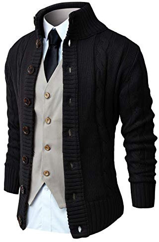 NITAGUT Men's Cardigans Long Sleeve Stand Collar Sweaters Button Down Cable Knitted Sweater(Black,L)