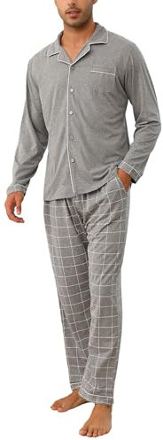 Bresdk Pyjama Homme en Coton Ensemble de Pyjamas Hiver pour Hommes Patte de Boutonnage à Manches Longues Vêtements de Nuit Couleur Unie à Carreaux 2 Pièces, Gris foncé, L