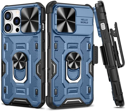 VEGO for iPhone 14 Pro Max Case with Belt Clip Holster and Stand Blue | Slide Camera Cover & 360°Ring Kickstand Military Grade Heavy Duty Protection Cover for iPhone 14 Pro Max 6.7 Inch - Blue