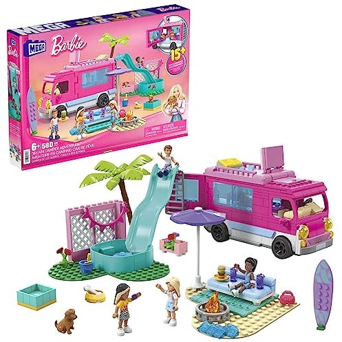 Mega Barbie Le Camping-Car De Rêve À Construire avec 580 Blocs, Dont 4 Mini-Poupées À Assembler, 1 Petit Chien, Et Accessoires Alimentaires Et De Mode, Jouet Enfant, Dès 6 Ans, HPN80