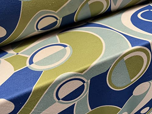 Stretch Spandex Valentino Crepe Scuba Jersey Stoff, Meterware – 60er Jahre Retro Formen – Creme Türkis Blau & Grün