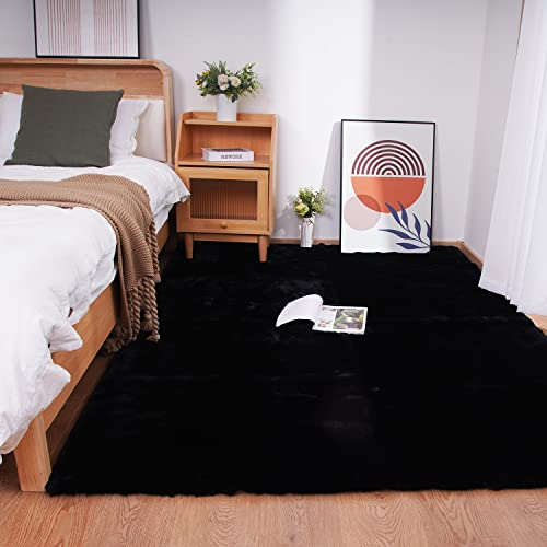 Ghouse Kurzflor Wohnzimmer Teppich Schlafzimmer Matte Moderner Home Flauschig Weich Teppiche für Kinderzimmer Anti-Rutsch Unterseite Waschbarer Teppich 150x240cm Schwarz