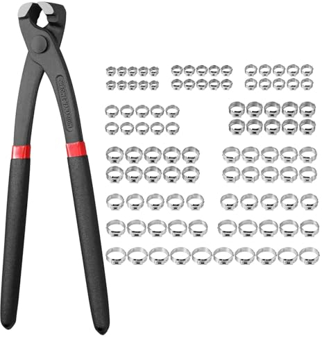 VORXEON Schlauchschellen Ohrklemmenzange Set Mit 100PCS Schhlauchklemmen 5,8-21mm(10 Größen)max. Öffnung 32mm Aus 304 Edelstahl Zange Einzelohrschlauchklemme Klemmwerkzeugsatz Für Securing Pipe