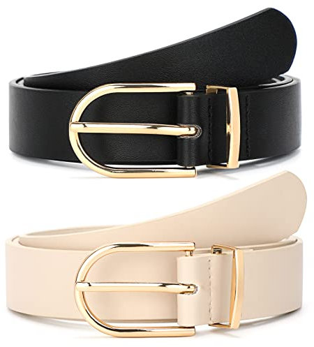 JASGOOD 2 Stück Damen Ledergürtel für Jeans Mode Damen Gürtel für Kleider Gold Schnalle Taillengürtel, C Schwarz + Beige, Small