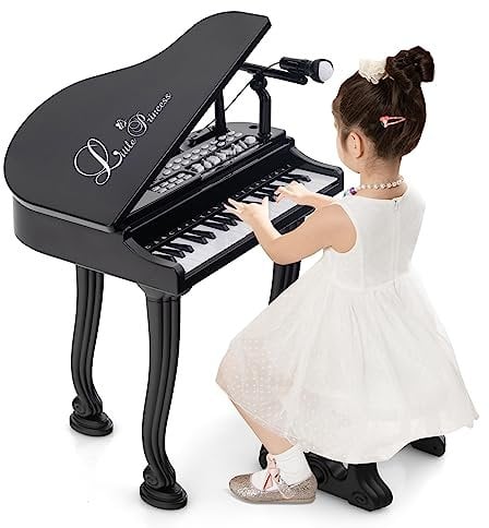 COSTWAY Kinder Keyboard mit 37 Tasten & Hocker, elektronische Klaviertastatur tragbar mit Mikrofon, LED-Lehrmodus, Aufnahme- & Wiedergabefunktion, Musikinstrument für Kinder ab 3 Jahre (Schwarz)