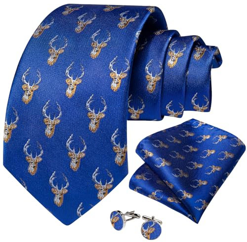 DiBanGu Weihnachts-Krawatten für Herren, Seidenkrawatte und Einstecktuch, Set mit Manschettenknöpfen, Themenparty, formelle Feste, Weihnachten, Blauer Hirsch - 2, Einheitsgröße