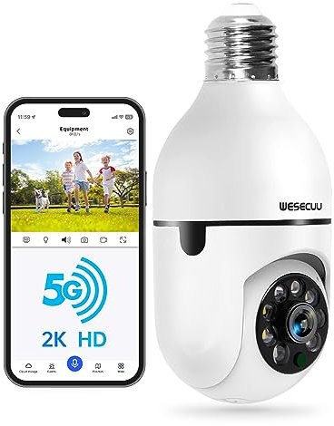 WESECUU Light Bulb Security Camera -5G& 2.4GHz WiFi 2K Security Cameras Wireless Outdoor Motion Detection and Alarm,Two-Way Talk,Color Night Vision,Human Detection, Bulb Camera Compatible with Alexa