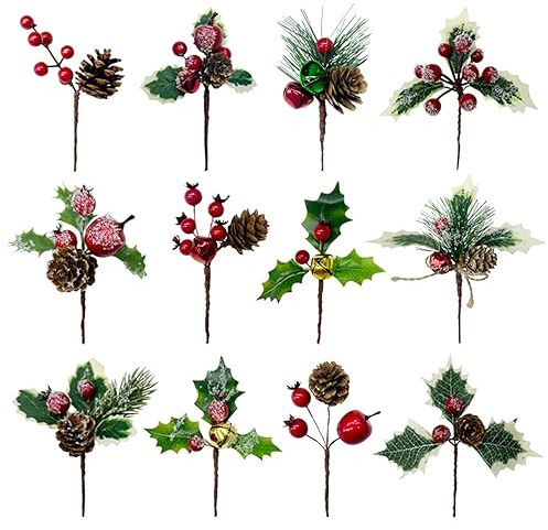 Yoaeyok 12 Piezas Bayas de Navidad Ramas de Pino Artificiales Ramas de Navidad con Conos de Pino Bayas de Acebo y Campana para Decoraciones de Guirnaldas y Árboles