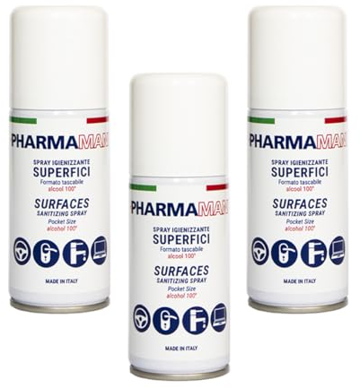 Pharmamani KIT 3 PEZZI SPRAY IGIENIZZANTE SUPERFICI da 100 ml. 100% Alcool, Efficacia immediata, Igienizza le Superfici al Contatto, Asciuga rapidamente. Tascabile, Profumo gradevole.