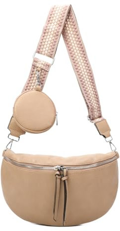 ITALYSHOP24 Damen Tasche Crossbody Schultertasche Gürteltasche Messenger-Tasche Hüfttasche Bauchtasche Umhängetasche Cross-Over Bodybag Handytasche Leder Optik Apricot
