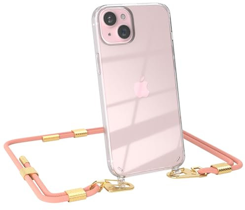 EAZY CASE - Handykette mit Karabiner kompatibel mit iPhone 15 Plus - Hülle Silikon Fallschutz transparente Handyhülle für iPhone 15 Plus Kette zum Umhängen Schutzhülle in Korall - Clips Gold
