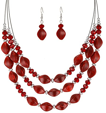 FULU AUTUMN Chunky Statement Perlen Kette und Ohrringe Set Schmuck Set für Damen Valentinstag Geburtstags Geschenk für Frauen(42-Red)