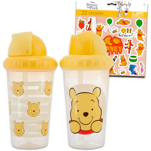 Disney Lot de 2 gobelets Winnie l'ourson pour enfants – Lot de 2 gobelets anti-déversement, anti-fuite, autocollants pour tout-petits