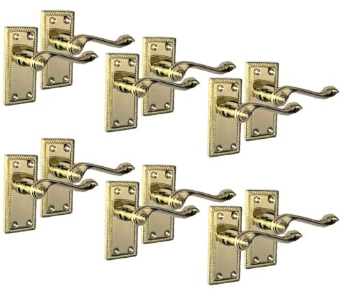 Georgian Style Scroll Brass Finish Door Handles - 6 Pair, Including Handles and Latches