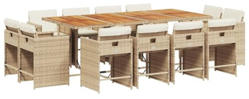 vidaXL Garten Essgruppe 13-TLG., Gartenmöbel Set mit Kissen, Gartengarnitur Tisch 12 Stühle, Sitzgruppe Sitzgarnitur, Beige Poly Rattan