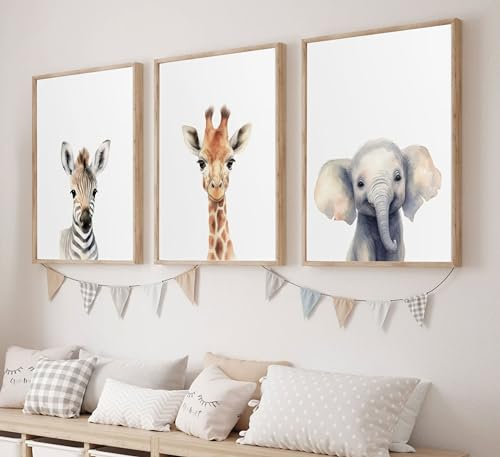 LYNARTFN Wandkunst-Bilder für Kinderzimmer, niedliche Giraffe, Zebra, Elefant, Leinwanddruck, Waldposter, Aquarell-Wanddekoration, Gemälde für Baby-Jungen- und Mädchenzimmer, 40,6 x 61 cm, ungerahmt