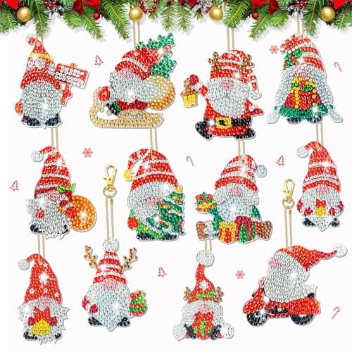 YMIFEEY Diamond Painting Weihnachten Anhänger Set, 12 Stück Wichtel Diamond Painting Schlüsselanhänger Beidseitig, DIY 5D Diamant Painting Weihnchtswichtel Geschenkanhänger Weihnachtsbaumanhänger