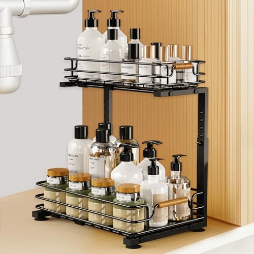 JYPS Organizador Bajo Fregadero Cocina, 2 Niveles Extraible Organizador Armario Fregadero, 5 Altura Regulable Estantería bajo Fregadero, Organizador Productos Limpieza para Baño, Lavandería (Negro)